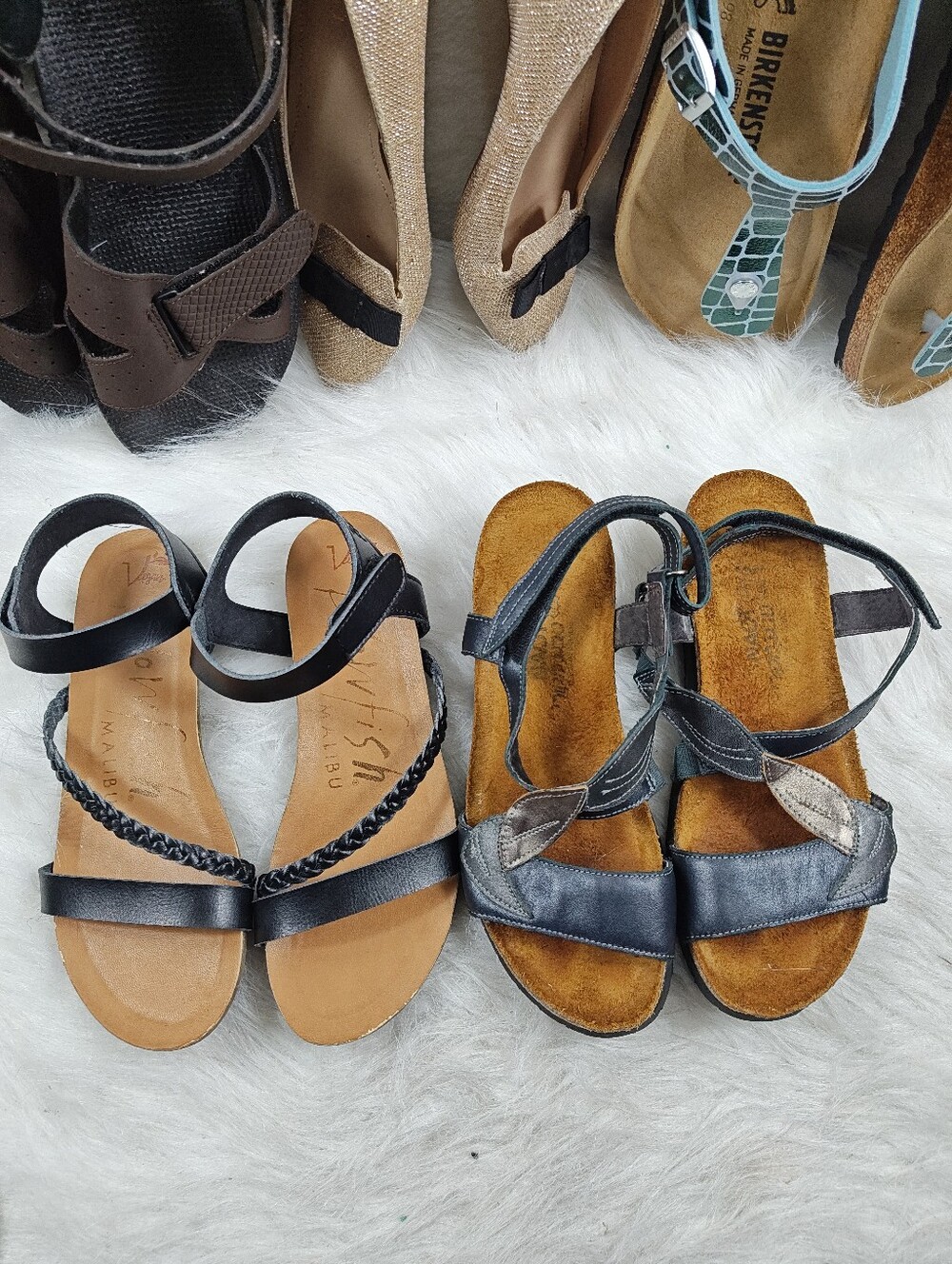 Naot Dark Silver Slingback Sandal + Blowfish Vegan Black Sandal Bundle Women 6.5